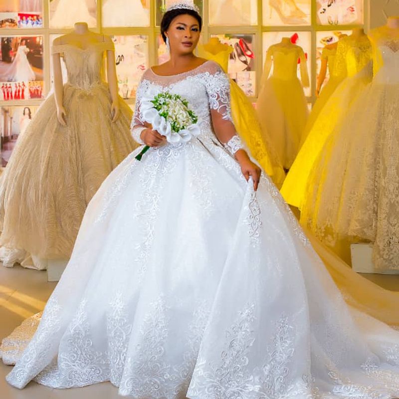 Women's Clothing  Long sleeve lace white French Heavy one shoulder big train wedding dress summer_voghion.com