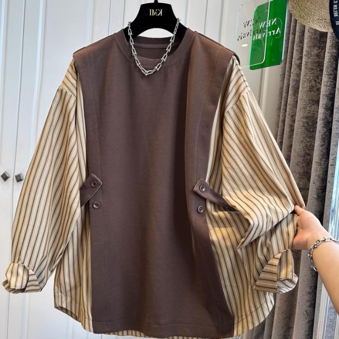 Felpa con cuciture a contrasto a righe di design per abbigliamento da donna, top da donna larghi e alla moda_voghion.com