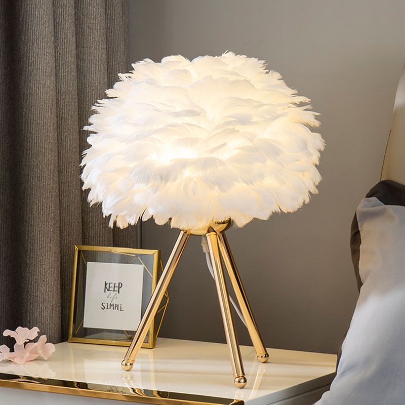 New Feather Ins Nordic Bedside Decoration Gold Triangle Bedroom LED Desk Lamp_voghion.com