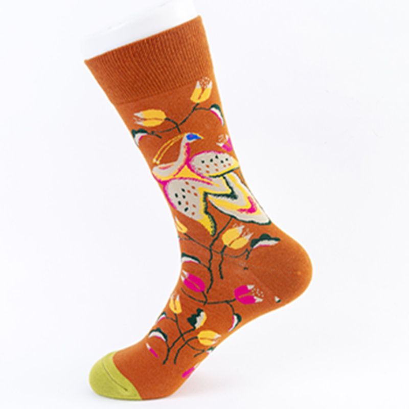 Women's socks Autumn autumn and winter new bright color flower series creative pattern in cylinder color woven cotton women's socks casual socks_voghion.com