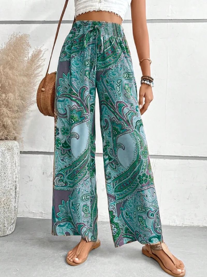 Calça feminina casual folgada com estampa e cós elástico - Calça de poliéster com estampa floral étnica para conforto diário (P-XXL, amarelo/dourado/verde/roxo)_voghion.com