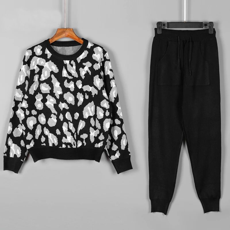 Women's Clothing Woolen Suit Spring And Autumn Round Neck Jacquard Leopard Print Top Casual Sports Leggings Two Piece Suit For Women_voghion.com