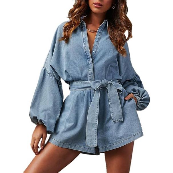 Women's Casual Denim Romper Belted Lantern Sleeve Jean Jumpsuits With Pockets_voghion.com