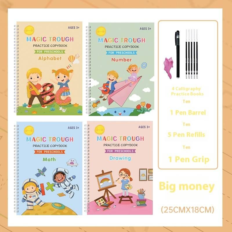 Reusable Groove Calligraphy Practice Copybook For Kids - 4 Books Set With 5/10 Pens (Large Size) - Fun Handwriting Training For Beginners​_voghion.com