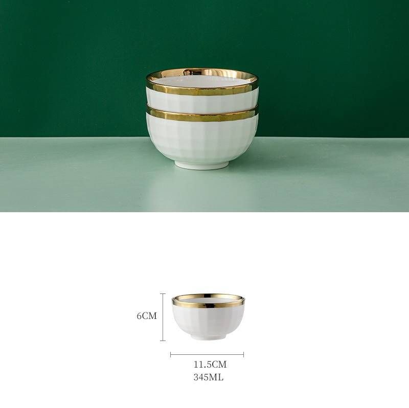Juego de cuencos de cerámica minimalistas nórdicos para la cena: elegantes detalles dorados, blanco puro y verde, de 11,4 y 18 cm, perfectos para el hogar y para regalar._voghion.com