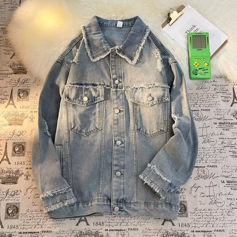Men's Casual Denim Jacket - Vintage Washed Blue Loose Fit Spring Autumn Coat With Multiple Pockets_voghion.com