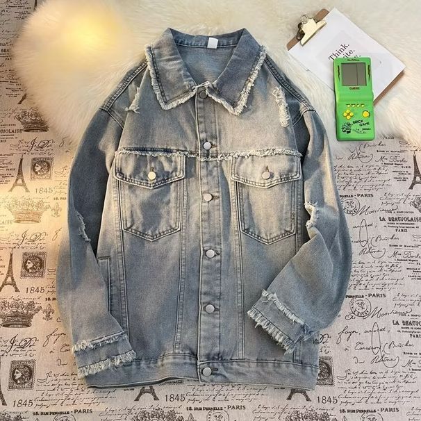 Men's Casual Denim Jacket - Vintage Washed Blue Loose Fit Spring Autumn Coat With Multiple Pockets_voghion.com