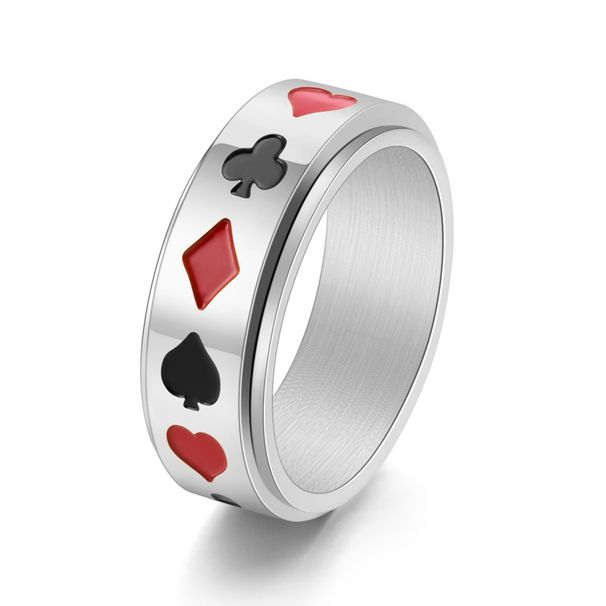 Anillo giratorio de acero de titanio para hombre, con diseño de naipes, con personalidad, color negro y rojo, con transferencia cuadrada, joyería_voghion.com