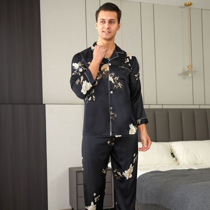 Couple Loungewear New silk couple suits, silk long-sleeved men's pajamas, high-end women's luxury home_voghion.com