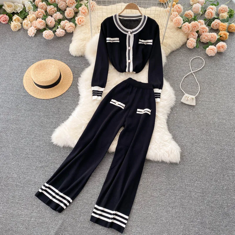 Naisterõivad Fashion väike aromaatne stiil kontrastset värvi pikkade varrukatega ümara kaelusega kampsun, kaheosaline kõrge vöökohaga sirge laia säärega püksid_voghion.com