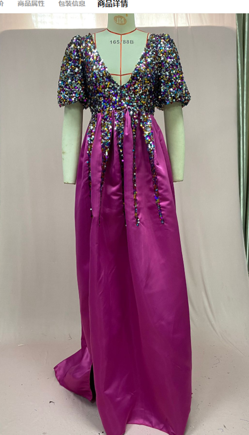 Vêtements pour femmes Printemps Nouvelle robe florale pour femmes Paillettes Grande fente trapèze Col en V Robe de soirée de banquet Femmes_voghion.com