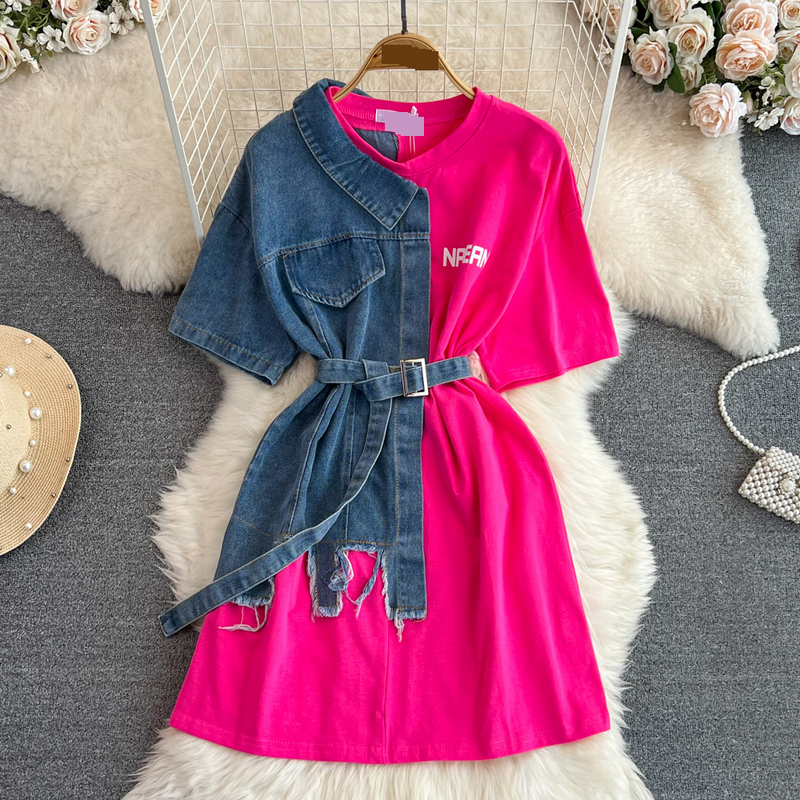 Damenbekleidung Tailliertes Jeanshemd mit rundem Kragen und Farbblockierung, Frühling, neu, schick, lässig, mittellanges Oberteil_voghion.com