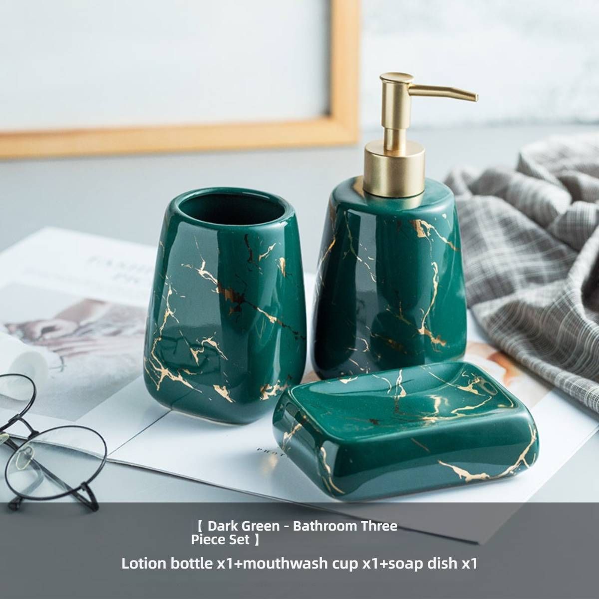 Elegant Ceramic Bathroom Set – Marble-Inspired Soap Dispenser, Toothbrush Holder & Cotton Swab Jar (3-Piece/4-Piece/5-Piece)_voghion.com