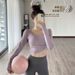 LazyZoom New Women's Yoga Clothing Set With Chest Pads, Summer Sports Short Running Quick-Dry Fitness Top Long Sleeve_voghion.com