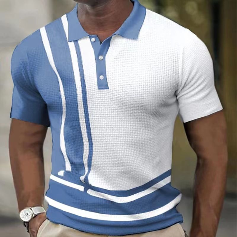 Sommer Neues Herren-Poloshirt mit kurzen Ärmeln, Farbblock, Streifen, Knopfleiste, Waffelmuster_voghion.com