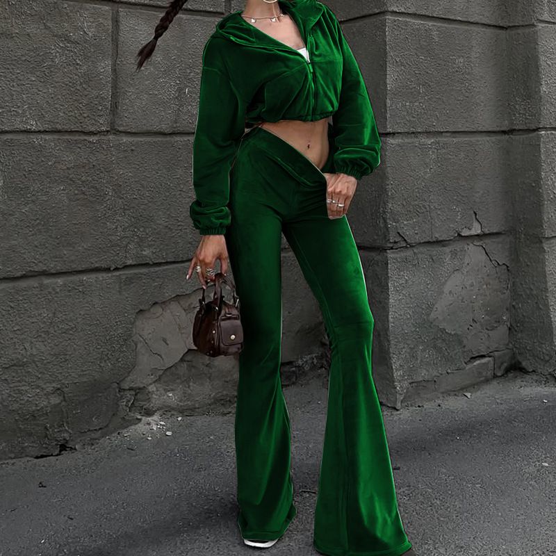 Elegantes Samt-Tunika-Set mit hohem Bund und ausgestellter Hose – Lässiges Herbst-Outfit für Damen (Grün, S/M/L/XL) – Modetrends_voghion.com