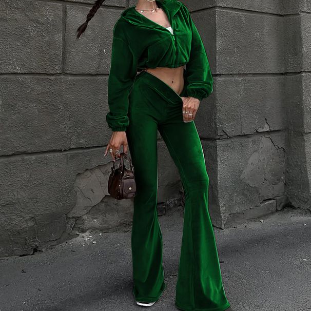 Elegantes Samt-Tunika-Set mit hohem Bund und ausgestellter Hose – Lässiges Herbst-Outfit für Damen (Grün, S/M/L/XL) – Modetrends_voghion.com