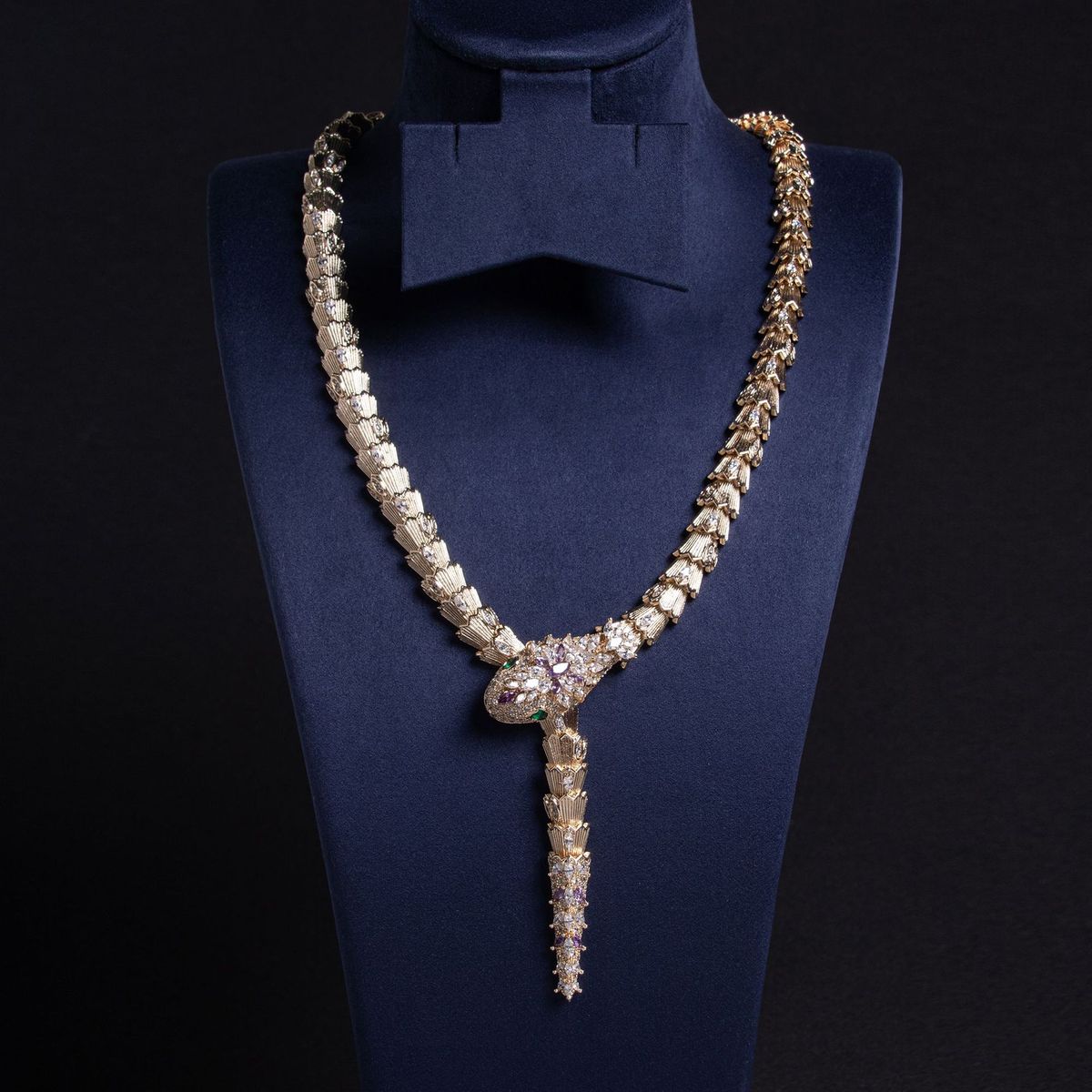 Real Gold Micro Pave Snake Necklace And Earring Set With Elastic Clasp For Women_voghion.com