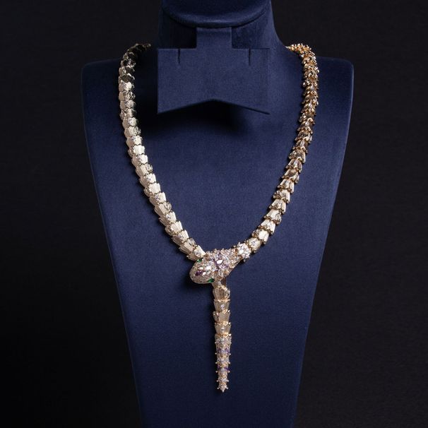 Real Gold Micro Pave Snake Necklace And Earring Set With Elastic Clasp For Women_voghion.com