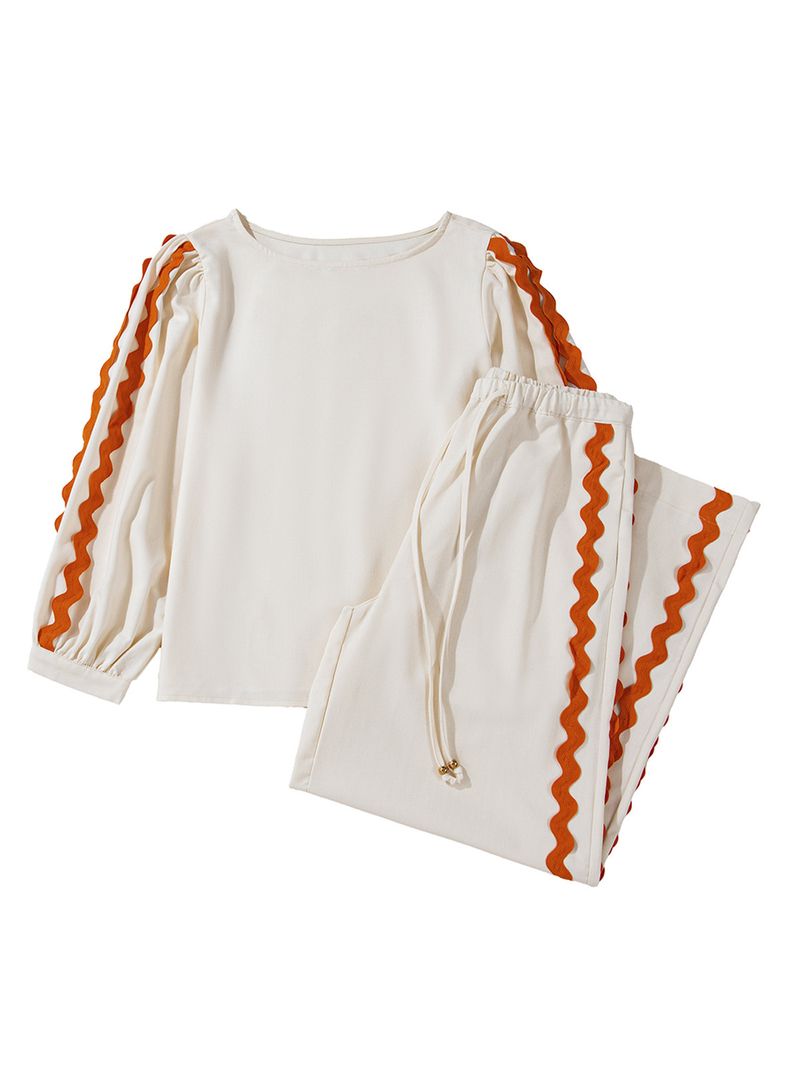 Shiying Sports Leisure Women's Autumn and Winter New Style Wave Edge Sleeve Top Wide Leg Pants Two Piece Set Women_voghion.com