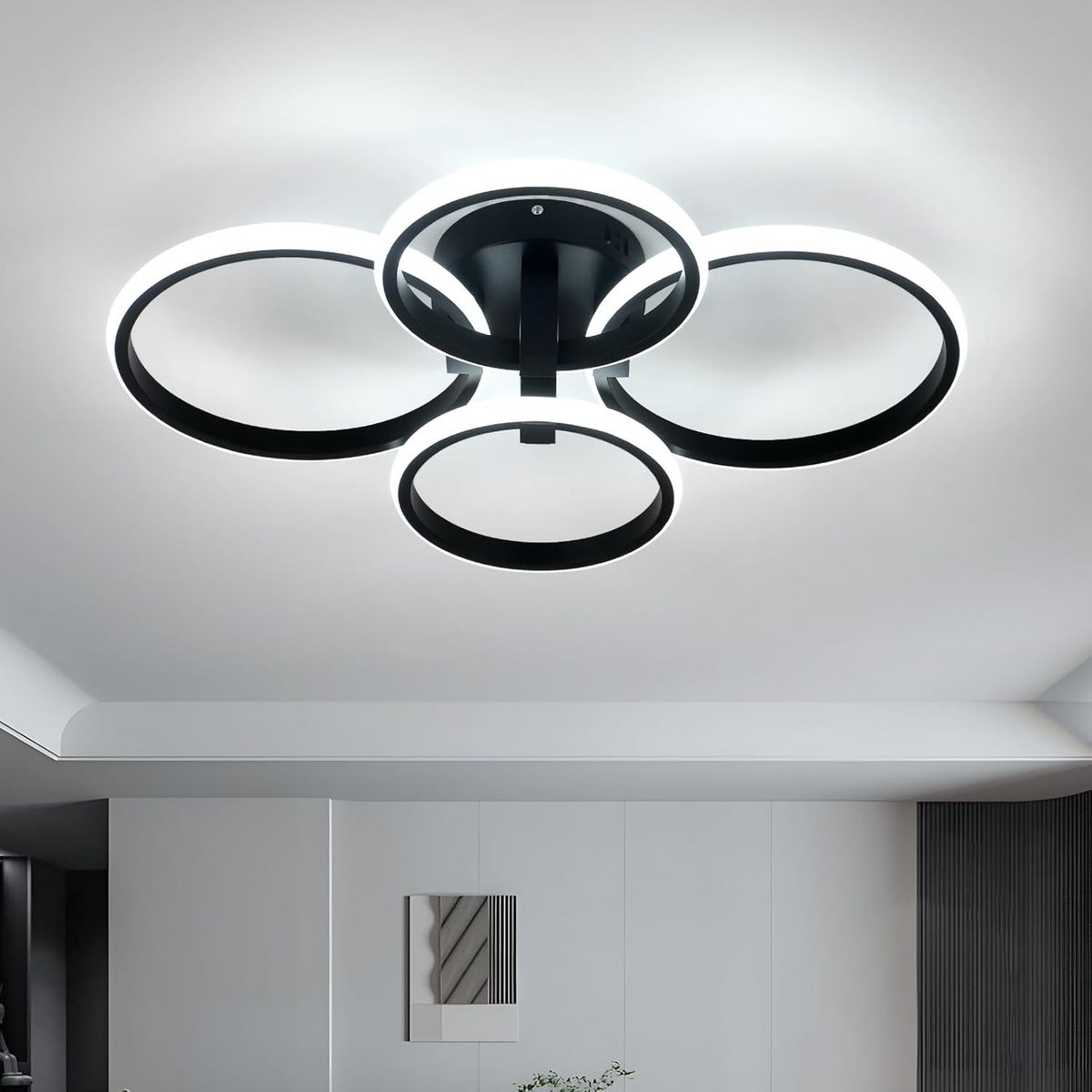 GOECO LED Deckenleuchte kreisförmiges Design, 4 Köpfe, schwarz, 57,5x46x11,5 cm, 48W weißes Licht, ideal für große Räume_voghion.com