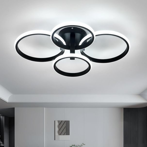 GOECO LED Deckenleuchte kreisförmiges Design, 4 Köpfe, schwarz, 57,5x46x11,5 cm, 48W weißes Licht, ideal für große Räume_voghion.com