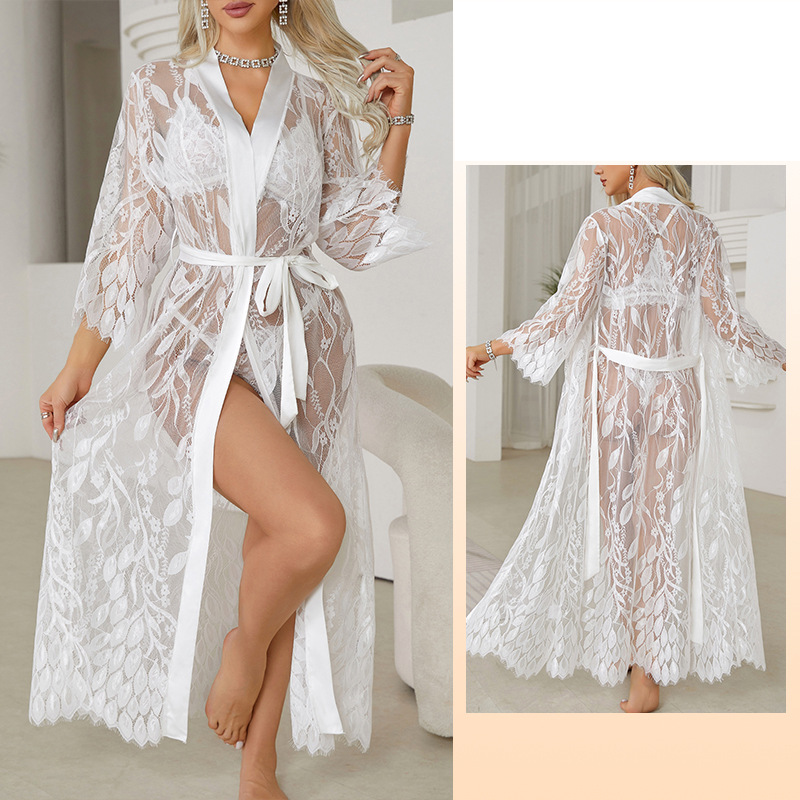Women's Clothing Women's Nightgown Sexy Lace Stitching Home Clothes Bathrobe Cardigan See Through Pajamas_voghion.com