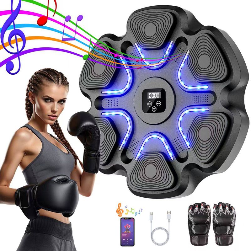 Music Boxing Machine For Kids And Adults, Wall Mounted Bluetooth Punching Trainer With Boxing Gloves, Intelligent LED Boxing Target Workout Machine_voghion.com