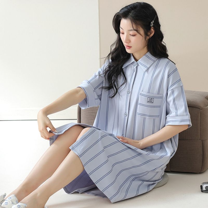 Damen neue Baumwolle Kurzarm dünn gestreiften Hemdkragen Damen sexy Pyjama Rock Sommer Homewear_voghion.com