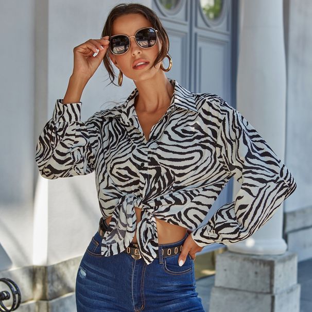 abbigliamento donna INS slim leopardato manica lunga retrò camicia in chiffon con stampa larga_voghion.com