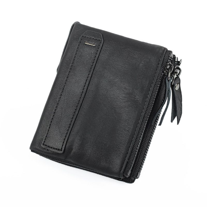 Portefeuille court en cuir véritable Crazy Horse pour homme, double fermeture éclair, anti-RFID_voghion.com