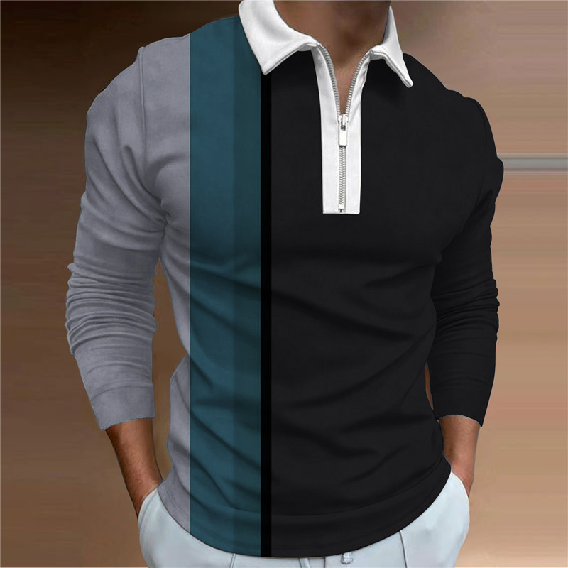 2023 New Style Casual Herren Langarm-Poloshirt mit gespleißtem Revers Reißverschluss Design Herren Straßenbekleidung_voghion.com