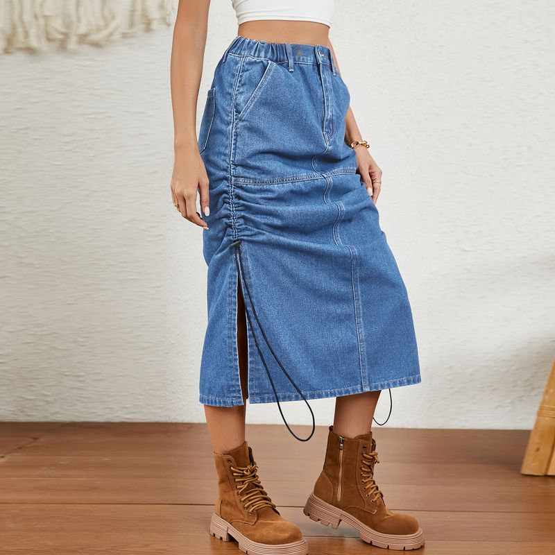 Women's summer hot sell washed elastic-waist drawstring denim MIDI_voghion.com