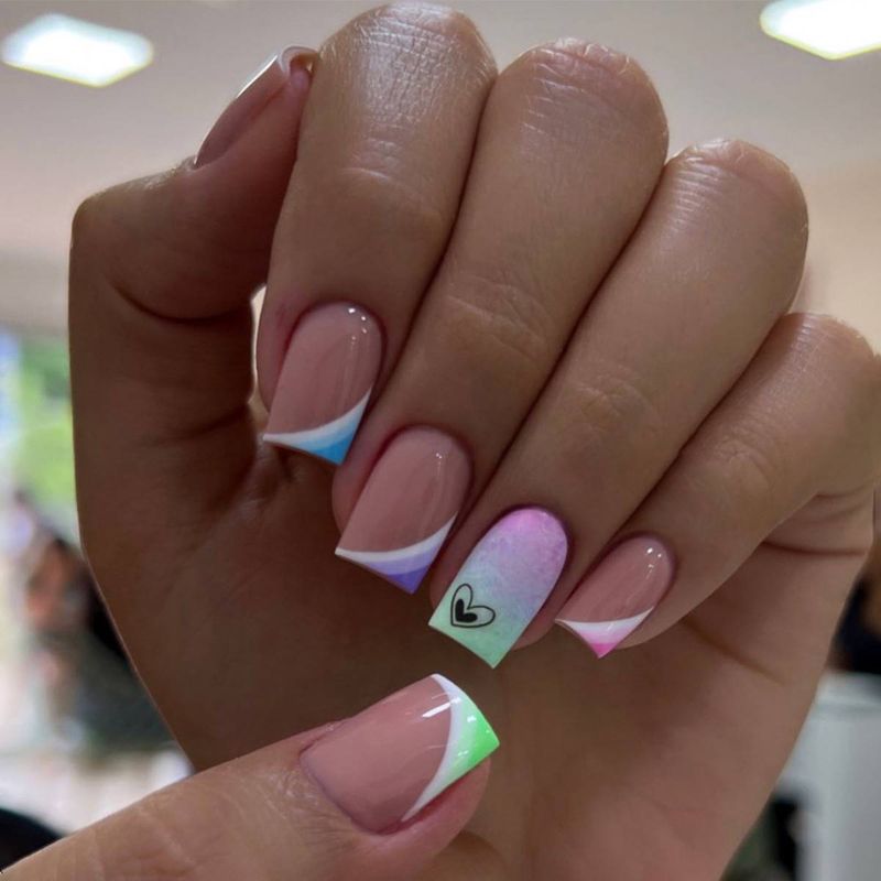 24pcs Medium and Long Square Nail Sloping French Multi Color Gradient Love Nail Art Whitening Relief Detachable Nail Rubbing Strip&Jelly Glue_voghion.com