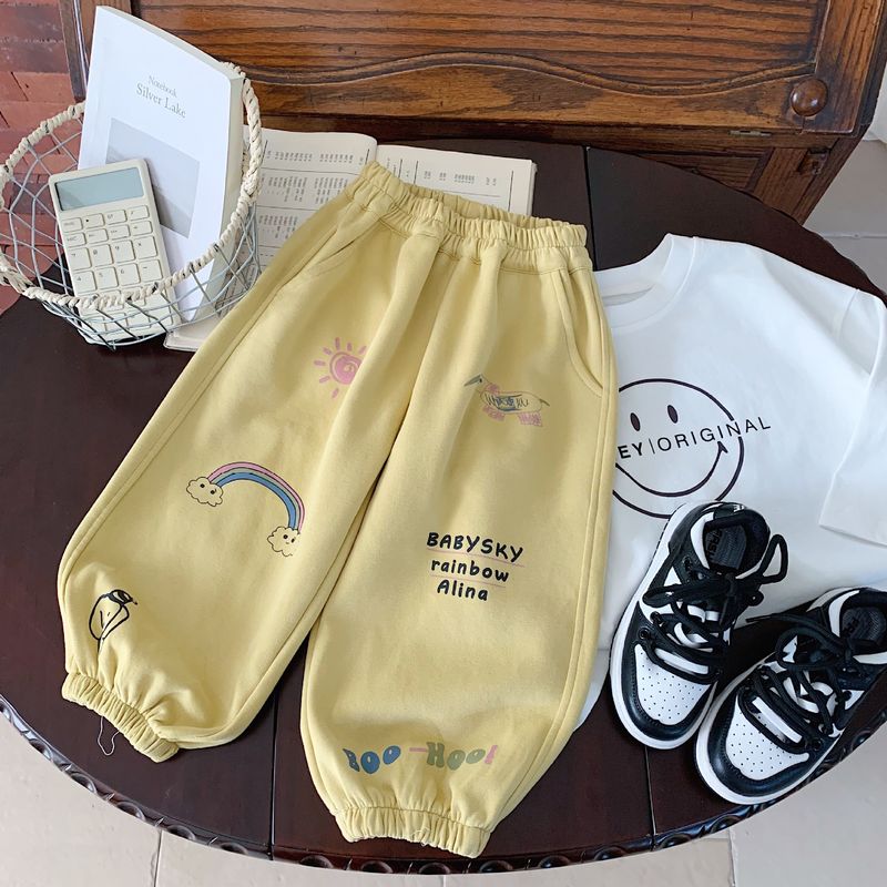 Novo item casual infantil de outono de 2024, calças soltas estampadas com desenhos animados de arco-íris para homens e mulheres, versão coreana_voghion.com