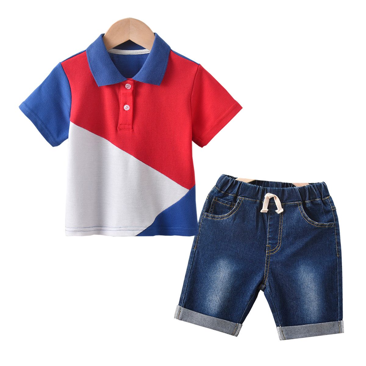 Kid's Clothing 2024 Boys Red, Blue and White Short-sleeved T-shirt Denim Shorts Children's Two-piece Set_voghion.com