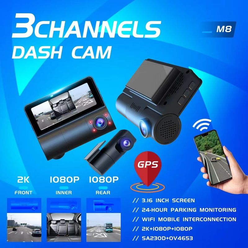 HD Three-Recording Three-Lens Dash Cam Front Interior Rear 3-Recording Camera 3inch WiFi Interconnection_voghion.com