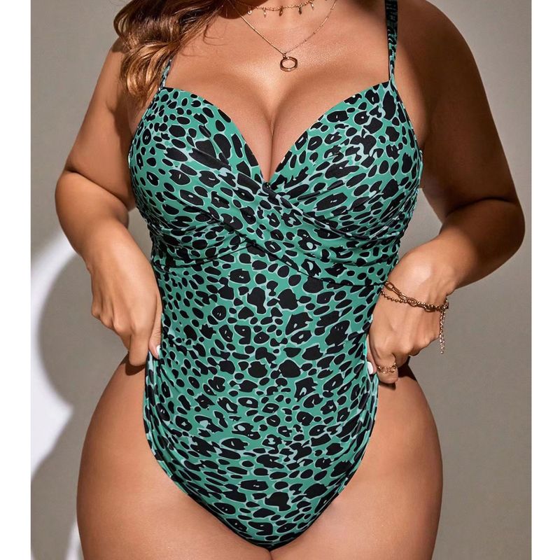 fat woman plus size one-piece bikini leopard print twist pack push-up swimsuit_voghion.com