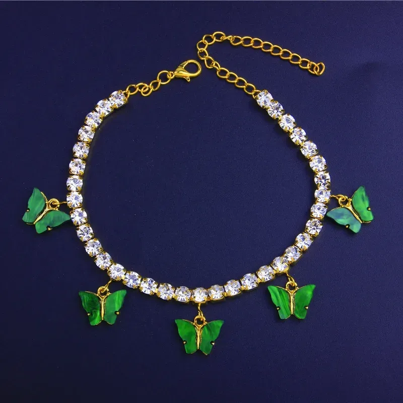 Acrylique papillon femmes bracelets de cheville glacé chaîne de Tennis jambe Bracelet strass Sier or Animal pendentif breloques mode_voghion.com