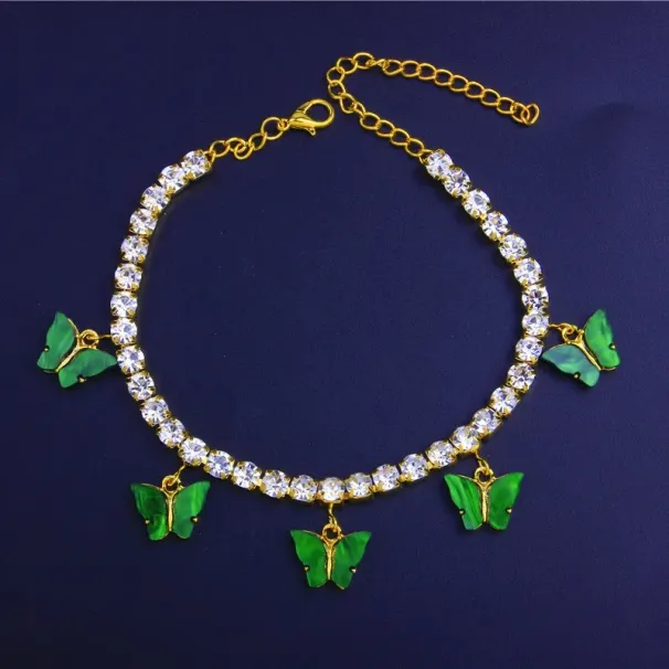 Acrylique papillon femmes bracelets de cheville glacé chaîne de Tennis jambe Bracelet strass Sier or Animal pendentif breloques mode_voghion.com