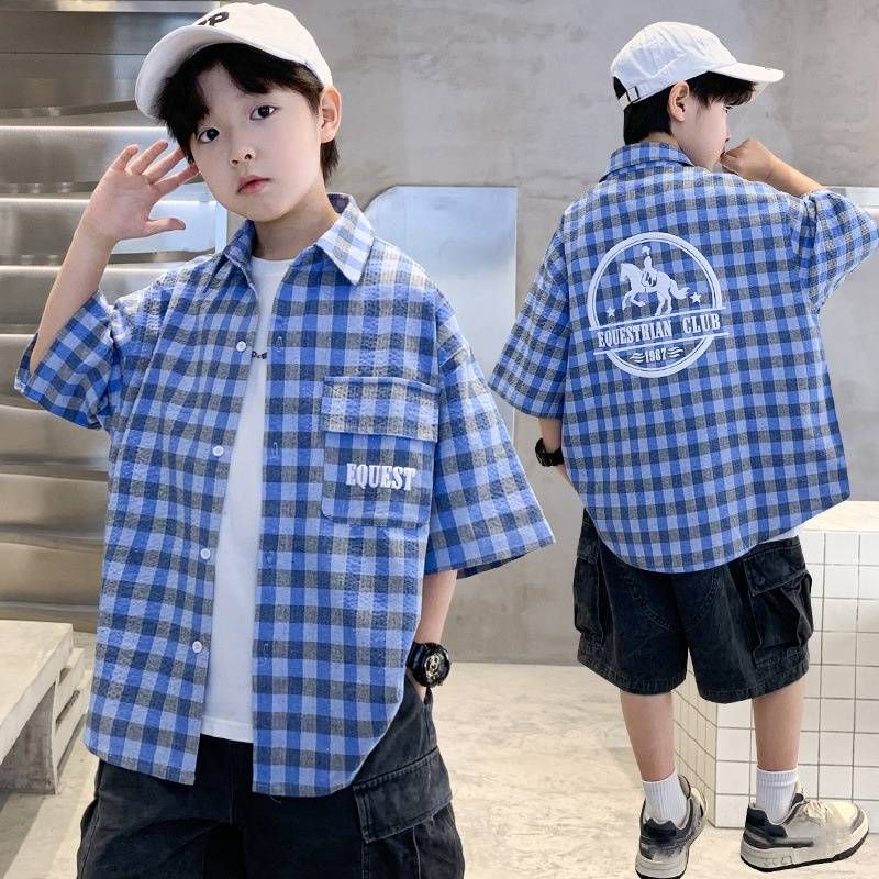New Boys' Summer Checkered Short Sleeve Shirt – Breathable Polyester, Casual & Stylish For Kids (120-170cm, Blue)"​_voghion.com
