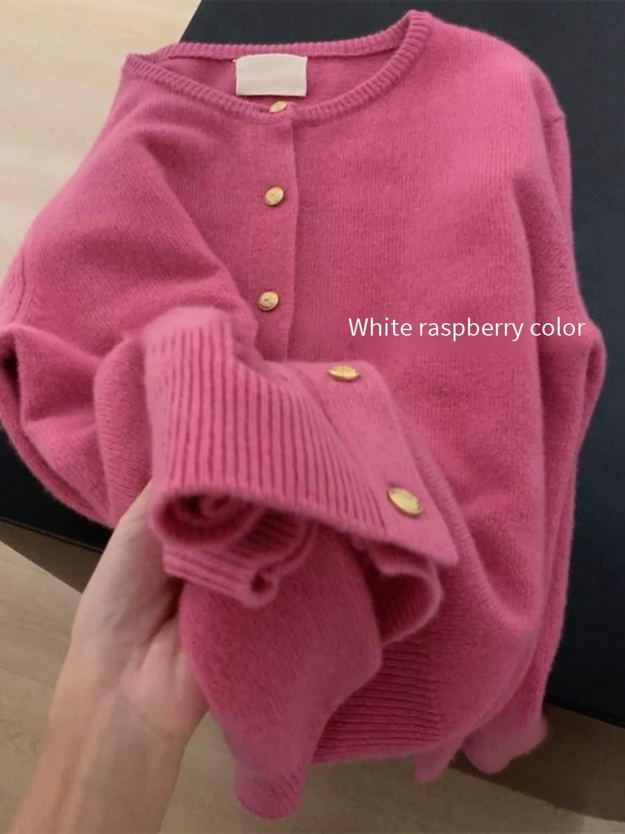 Women's Clothing Elegant Raspberry Gold-Button Wool Knit Cardigan - Soft & Cozy Women's Sweater Coat For Fall & Winter_voghion.com
