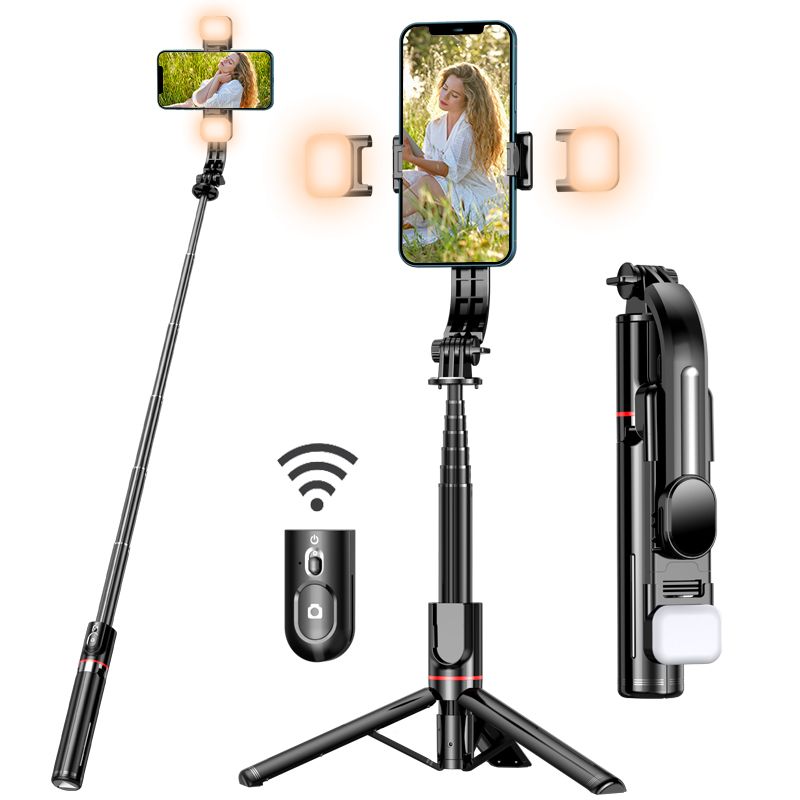 A selfie stick with upgraded tripod, with 2 fill lights, an ultra long 44.9-inch phone tripod, and a detachabl_voghion.com
