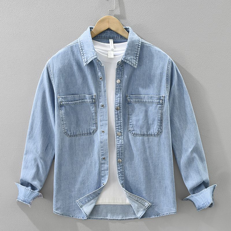 Camicia a maniche lunghe retrò in denim per uomo, alla moda e versatile, top ampio e casual._voghion.com