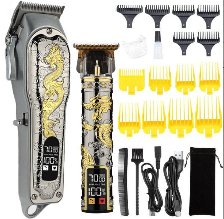 Conjunto de máquina de cortar cabelo profissional – aparador sem fio com tela digital, lâminas removíveis e capas com tema de dragão/chapéu alto_voghion.com