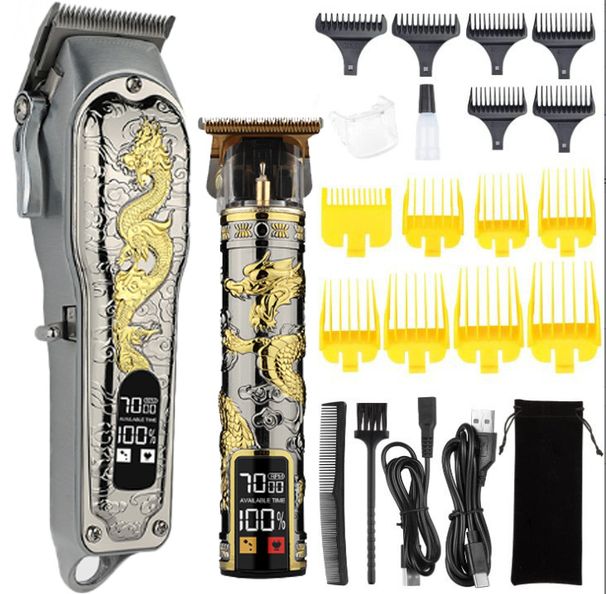 Conjunto de máquina de cortar cabelo profissional – aparador sem fio com tela digital, lâminas removíveis e capas com tema de dragão/chapéu alto_voghion.com