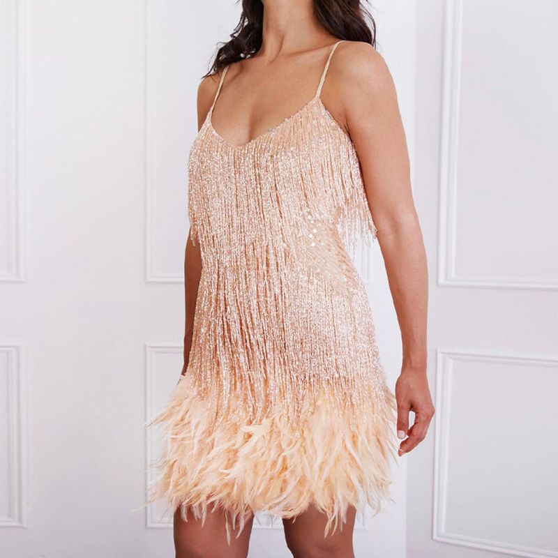 Abbigliamento da donna Primavera ed estate Abito con paillettes e piume con nappe Sexy scollo a V e bretelle Mini abito con paillettes_voghion.com