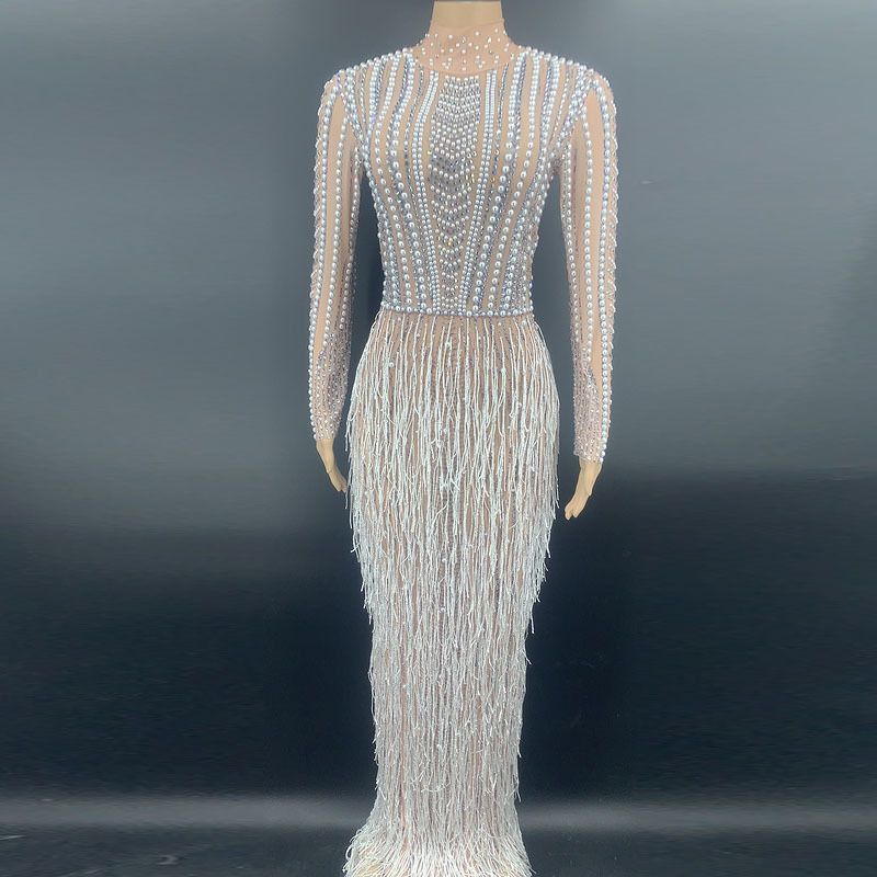 2024 Crystal Elegant Evening Pearl Tassel Dress for Girls Light Luxury Long Sleeve_voghion.com