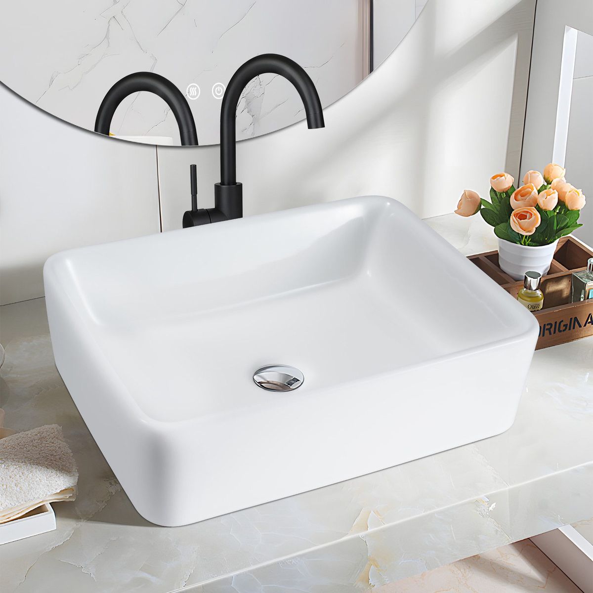 Glitzerlife Waschbecken Badezimmer Keramik - Eckig Aufsatzbecken Bad Weiß Waschschale Klein Aufsatz Hängewaschbecken Mit Lotus-Effekt 40x30x13cm Für Gäste-WC_voghion.com