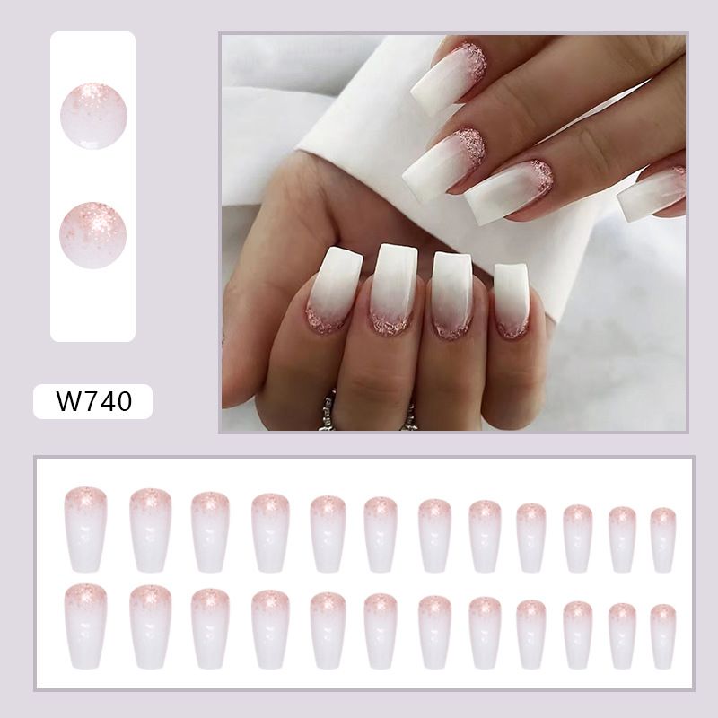 Uñas y herramientas para manicura, uñas postizas con purpurina en degradado blanco puro, uñas postizas de tamaño mediano y largo, piezas especiales de manicura para mujeres._voghion.com